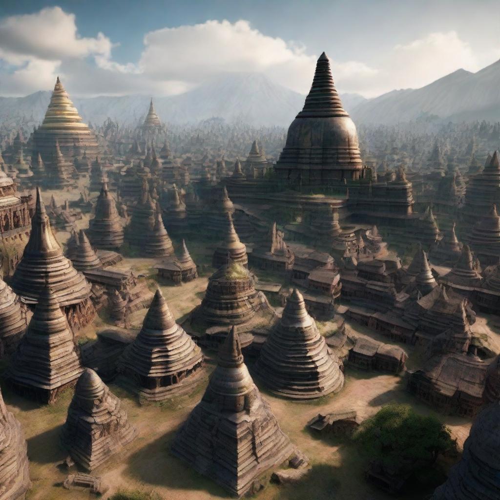 A 360-degree panoramic image of an ancient Myanmar city reimagined in a 'Lord of the Rings' fantasy style, utilizing Unreal Engine 5 for hyper-realistic 3D graphics.