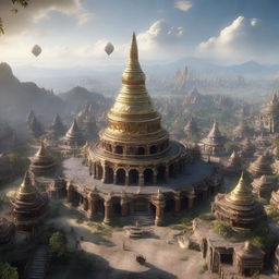 A 360-degree skysphere image encompassing an intricately designed, fantasy-inspired ancient Myanmar city with 'Lord of the Rings' aesthetics, rendered in 3D realism using Unreal Engine 5.