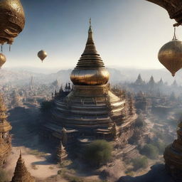 A 360-degree skysphere image encompassing an intricately designed, fantasy-inspired ancient Myanmar city with 'Lord of the Rings' aesthetics, rendered in 3D realism using Unreal Engine 5.