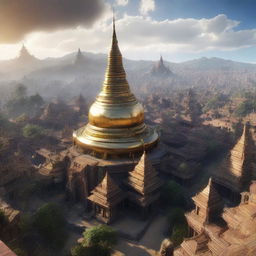 A 360-degree skysphere image encompassing an intricately designed, fantasy-inspired ancient Myanmar city with 'Lord of the Rings' aesthetics, rendered in 3D realism using Unreal Engine 5.