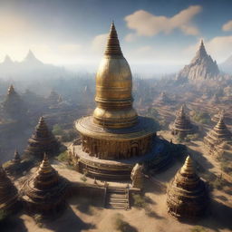 A 360-degree skysphere image encompassing an intricately designed, fantasy-inspired ancient Myanmar city with 'Lord of the Rings' aesthetics, rendered in 3D realism using Unreal Engine 5.