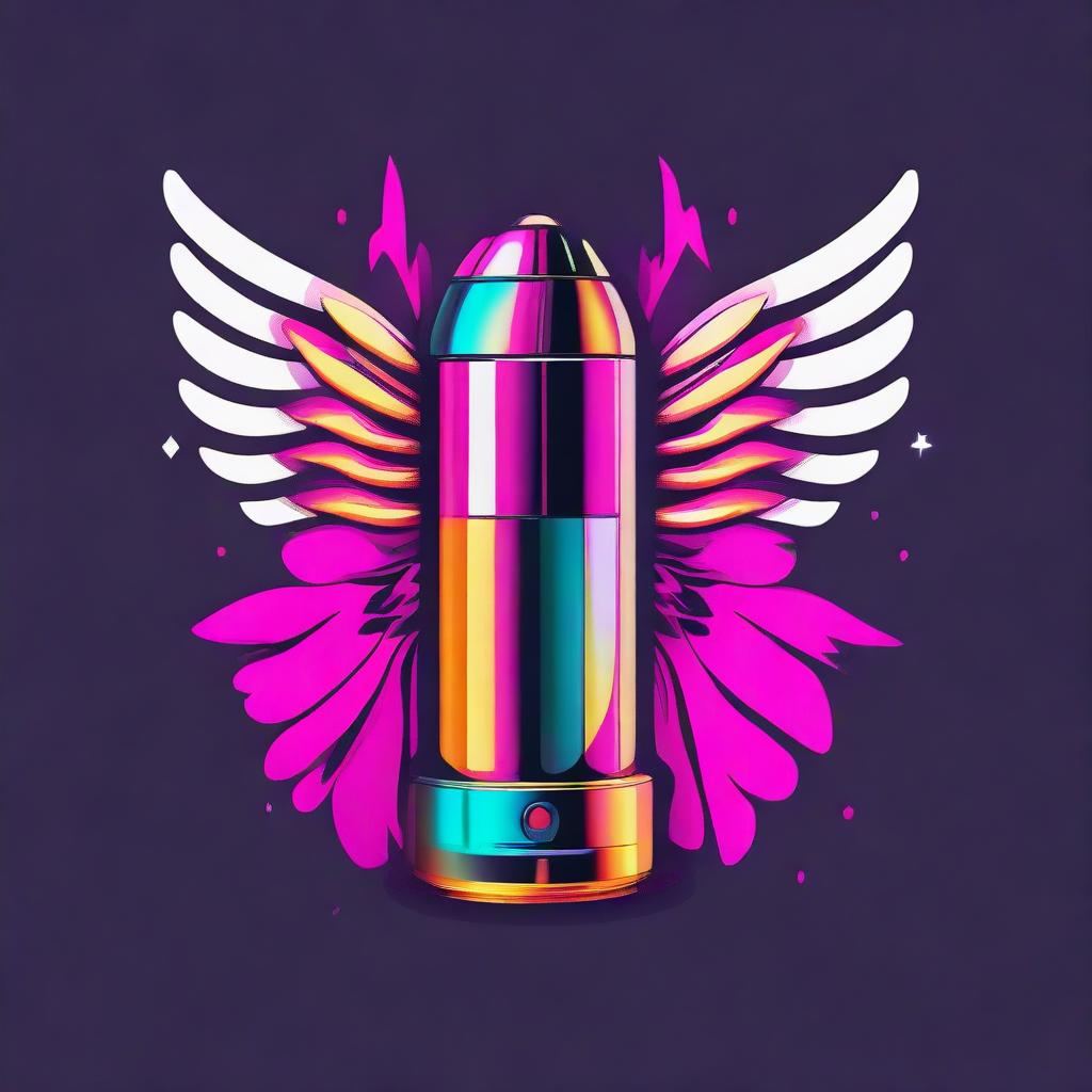 A vibrant logo featuring a sleek vape device embellished with elegant angel wings, rendered in a striking color palette.