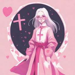 A full-body gouache artwork of a girl with white hair, glasses, and pink eyes, with pink hearts on both cheeks. She is dressed in pink and holds a sword shaped like a crucifix.