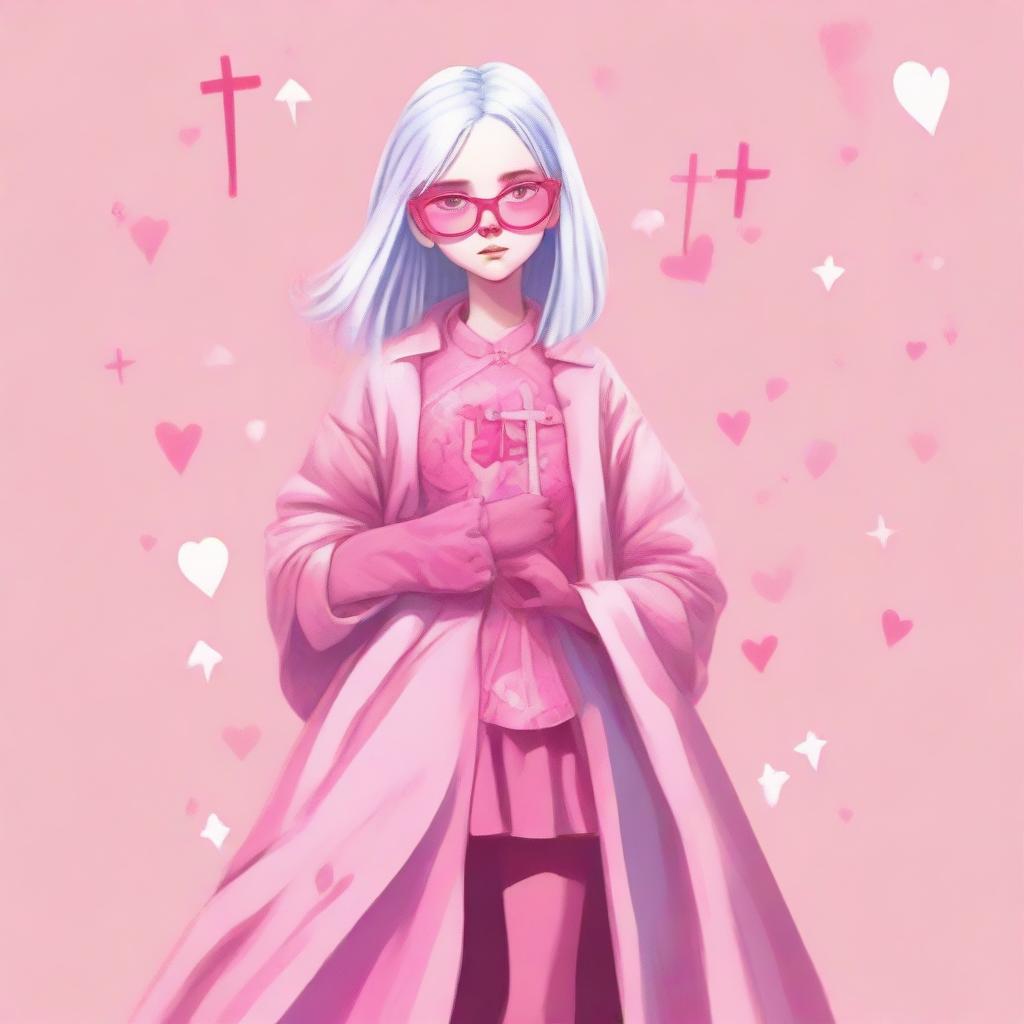 A full-body gouache artwork of a girl with white hair, glasses, and pink eyes, with pink hearts on both cheeks. She is dressed in pink and holds a sword shaped like a crucifix.