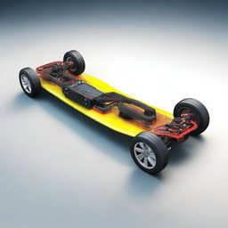 A high-quality digital art image that showcases an Electric Vehicle (EV) skateboard chassis equipped with a range-extending generator