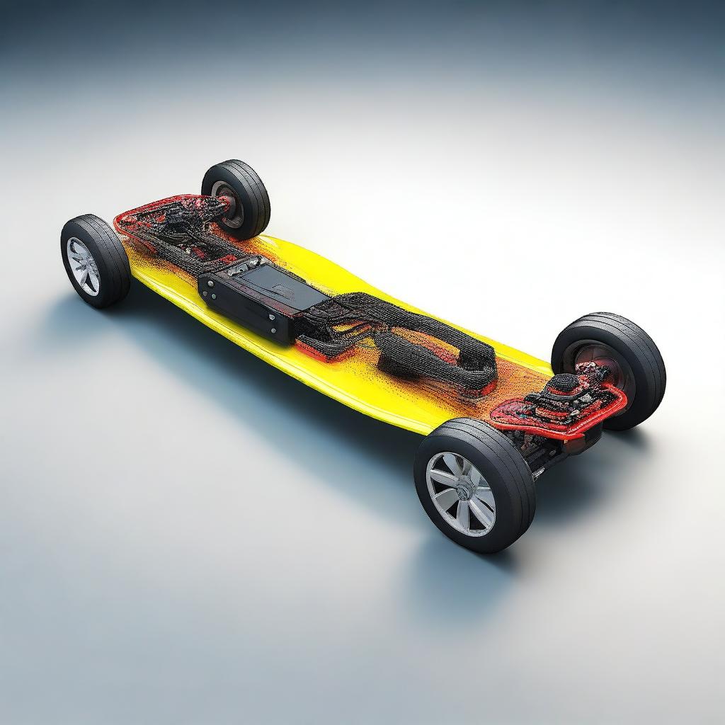 A high-quality digital art image that showcases an Electric Vehicle (EV) skateboard chassis equipped with a range-extending generator