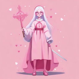 A full-body gouache artwork of a girl with white hair, glasses, and pink eyes, with pink hearts on both cheeks. She is dressed in pink and holds a sword shaped like a crucifix.