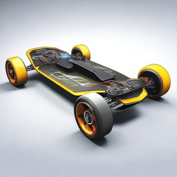 A high-quality digital art image that showcases an Electric Vehicle (EV) skateboard chassis equipped with a range-extending generator