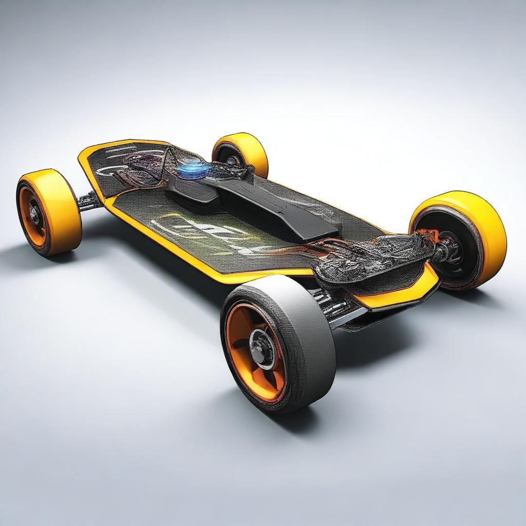 A high-quality digital art image that showcases an Electric Vehicle (EV) skateboard chassis equipped with a range-extending generator
