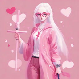 A full-body gouache artwork of a girl with white hair, glasses, and pink eyes, with pink hearts on both cheeks. She is dressed in pink and holds a sword shaped like a crucifix.