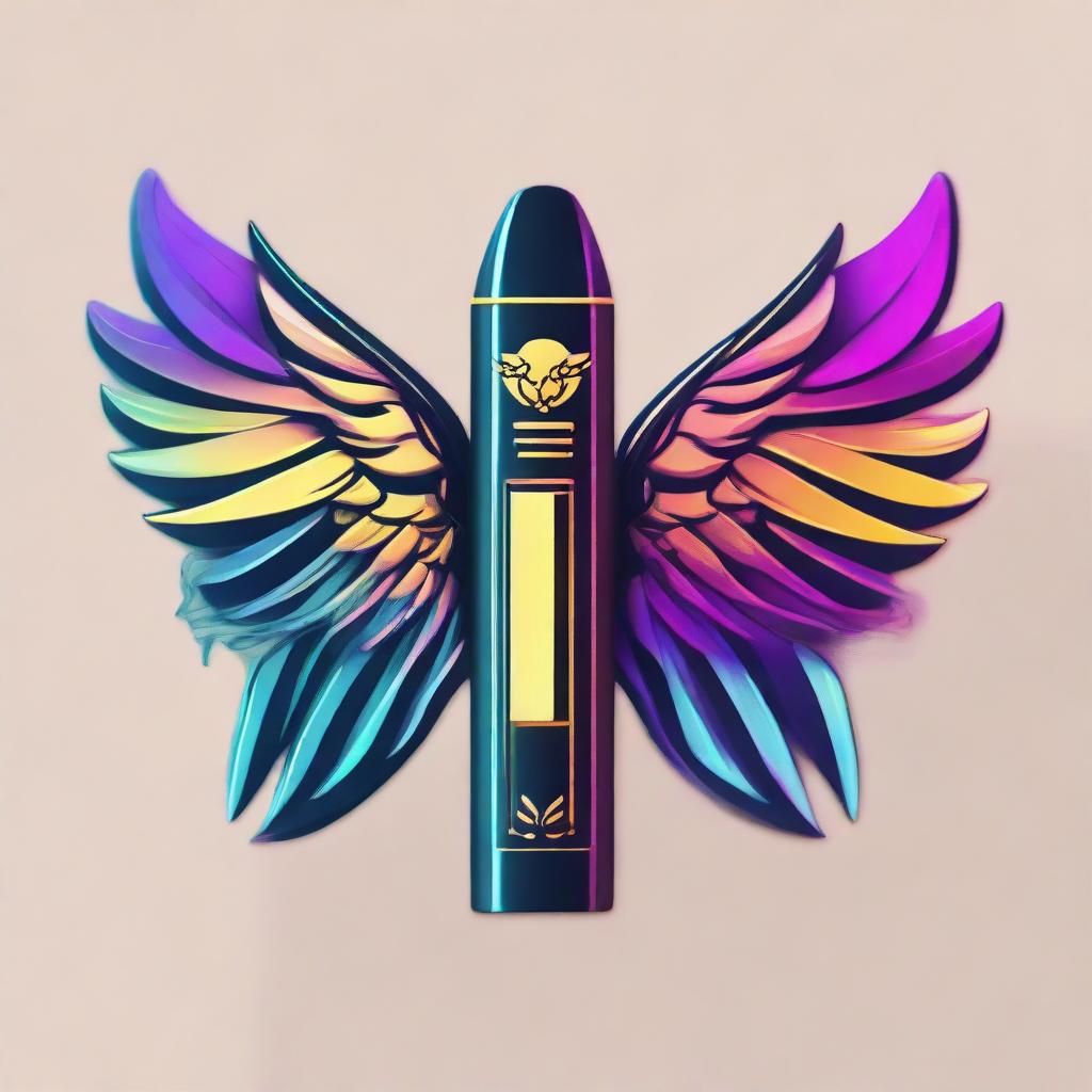 A vibrant logo featuring a sleek vape device embellished with elegant angel wings, rendered in a striking color palette.