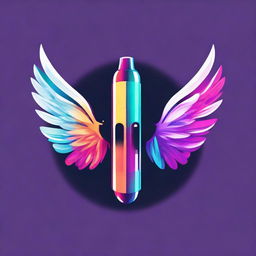 A vibrant logo featuring a sleek vape device embellished with elegant angel wings, rendered in a striking color palette.