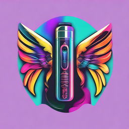 A vibrant logo featuring a sleek vape device embellished with elegant angel wings, rendered in a striking color palette.