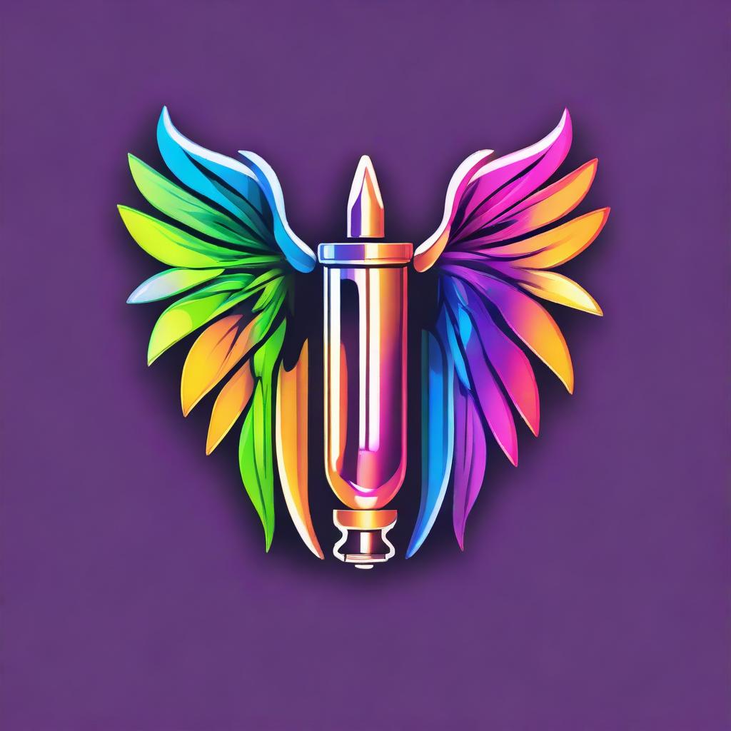 A vibrant logo featuring a sleek vape device embellished with elegant angel wings, rendered in a striking color palette.