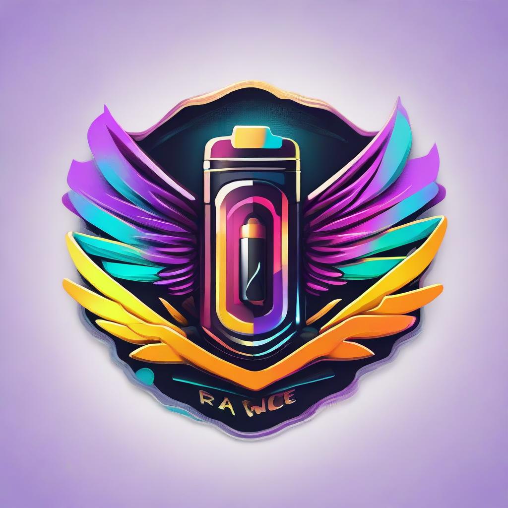 A vibrant logo featuring a sleek vape device embellished with elegant angel wings, rendered in a striking color palette.