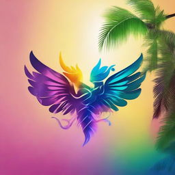 A vibrant logo featuring smoke transformed into elegant wings, with tropical palm trees flanking on either side.