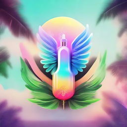 A vibrant logo combining a sleek vape device, ethereal smoke morphing into wings, nestled among palm trees.