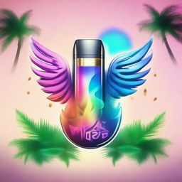 A vibrant logo combining a sleek vape device, ethereal smoke morphing into wings, nestled among palm trees.