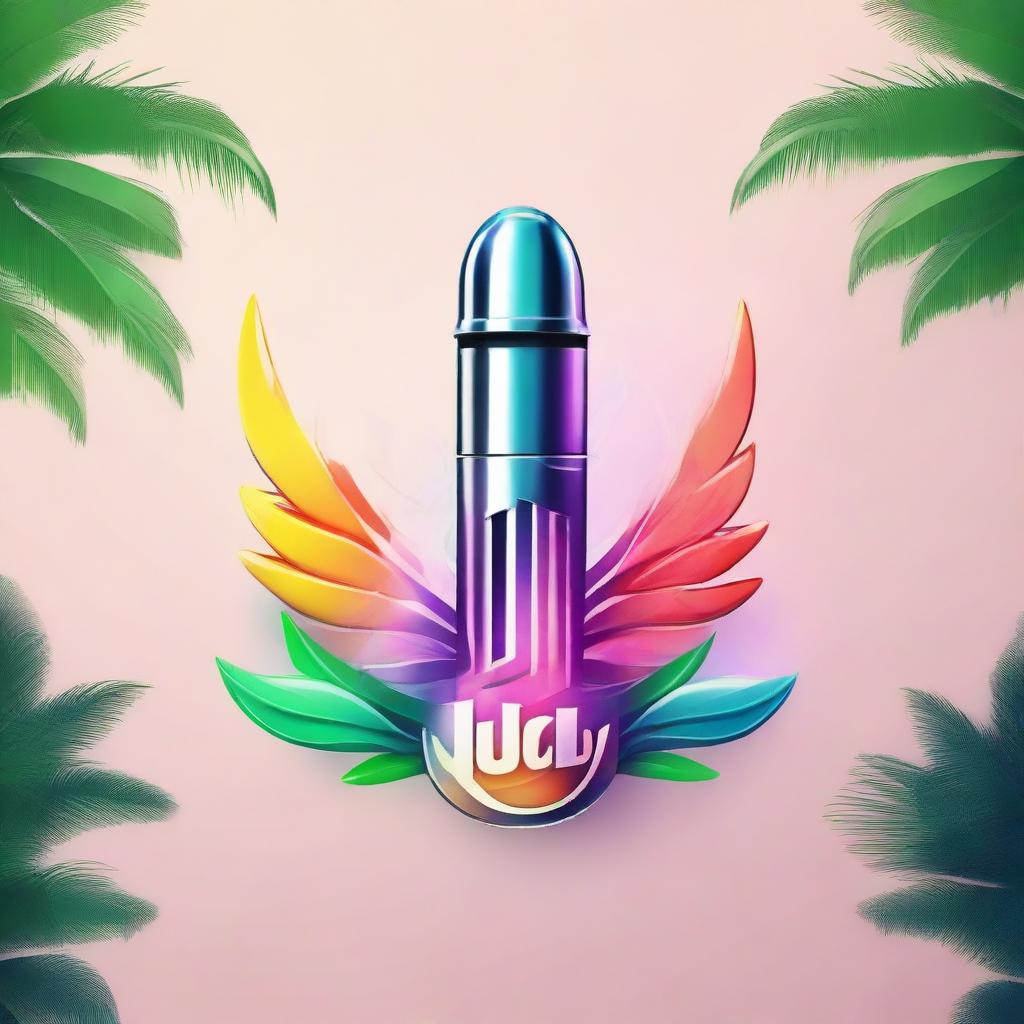 A vibrant logo combining a sleek vape device, ethereal smoke morphing into wings, nestled among palm trees.