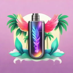 A vibrant logo combining a sleek vape device, ethereal smoke morphing into wings, nestled among palm trees.