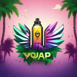 A vibrant logo featuring a sleek vape device with smoke transforming into wings, perfectly positioned between two lush palm trees.