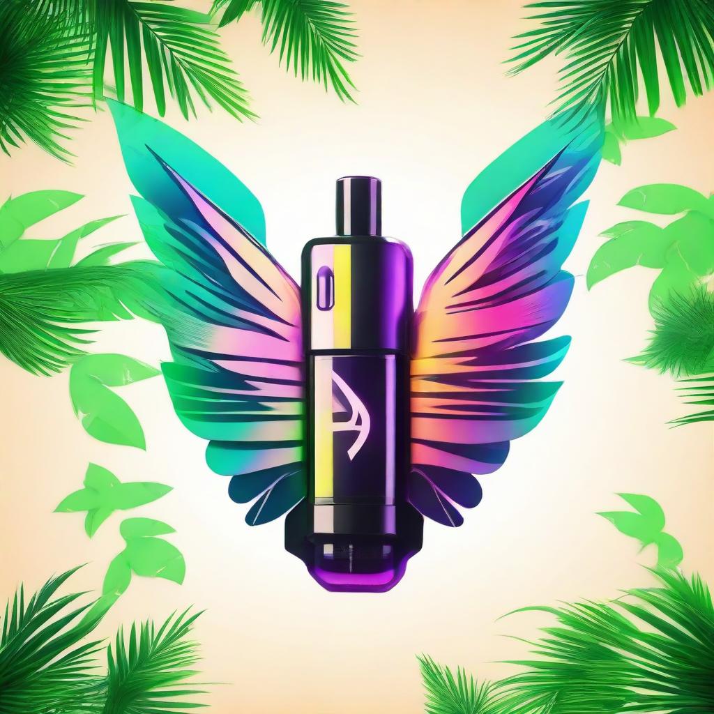 A vibrant logo featuring a sleek vape device with smoke transforming into wings, perfectly positioned between two lush palm trees.