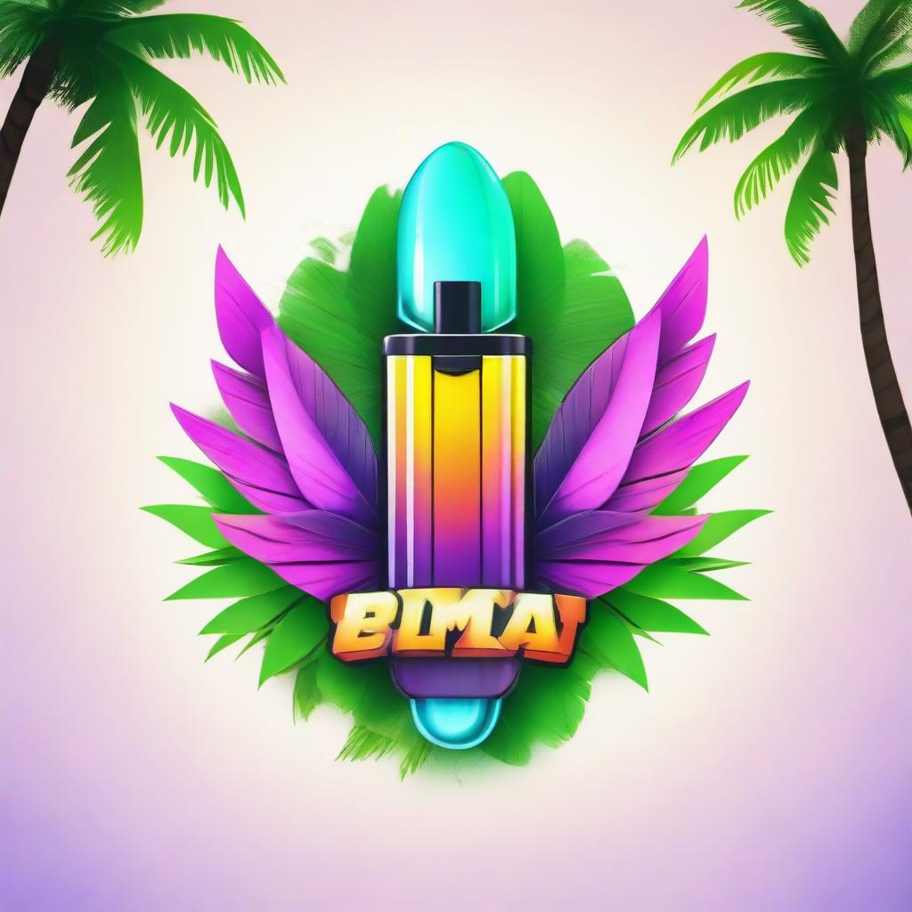 A vibrant logo featuring a sleek vape device with smoke transforming into wings, perfectly positioned between two lush palm trees.