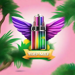 A vibrant logo featuring a sleek vape device with smoke transforming into wings, perfectly positioned between two lush palm trees.