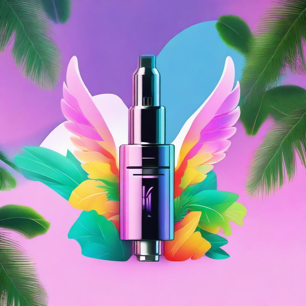 A vibrant logo featuring a sleek vape device with smoke transforming into wings, perfectly positioned between two lush palm trees.