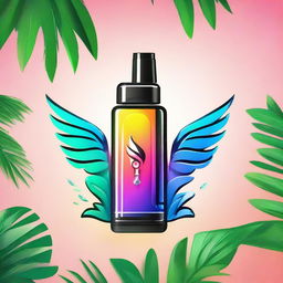 A vibrant logo featuring a sleek vape device with smoke transforming into wings, perfectly positioned between two lush palm trees.