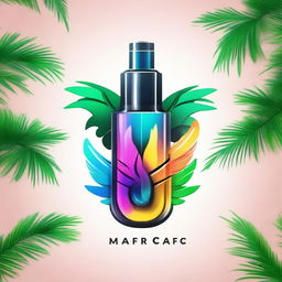 A vibrant logo featuring a sleek vape device with smoke transforming into wings, perfectly positioned between two lush palm trees.