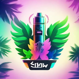 A vibrant logo featuring a sleek vape device with smoke transforming into wings, perfectly positioned between two lush palm trees.