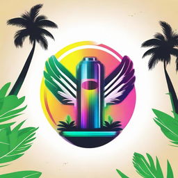 A circular, vibrant logo presenting a sleek vape device with smoke evolving into wings, aligned between two towering palm trees.