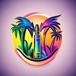 A circular, vibrant logo presenting a sleek vape device with smoke evolving into wings, aligned between two towering palm trees.