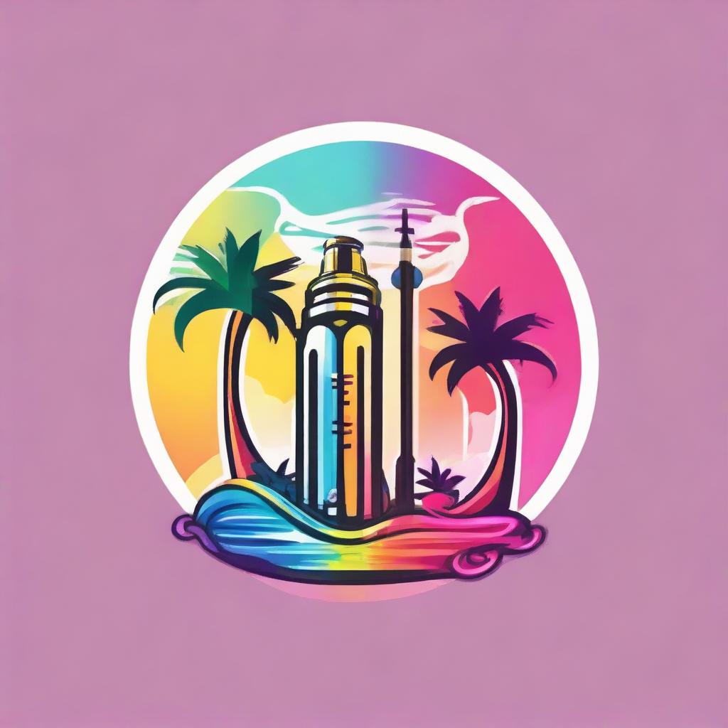 A circular, vibrant logo presenting a sleek vape device with smoke evolving into wings, aligned between two towering palm trees.