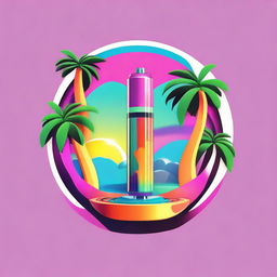 A vibrant, circular logo depicting a sleek vape device, where the emitted smoke forms wings, amidst two lush palm trees.