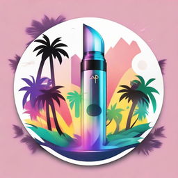 A vibrant, circular logo depicting a sleek vape device, where the emitted smoke forms wings, amidst two lush palm trees.