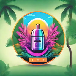 A vibrant, circular logo depicting a sleek vape device, where the emitted smoke forms wings, amidst two lush palm trees.