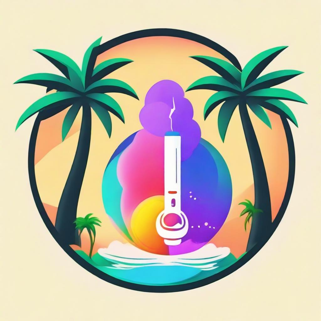 A vibrant, circular logo depicting a sleek vape device, where the emitted smoke forms wings, amidst two lush palm trees.