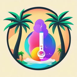 A vibrant, circular logo depicting a sleek vape device, where the emitted smoke forms wings, amidst two lush palm trees.