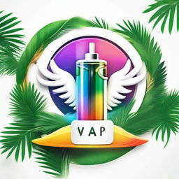 A vibrant, circular logo on a white background, showing a sleek vape device with billowing smoke forming wings, nestled between two lush palm trees.