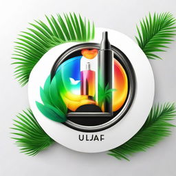 A vibrant, circular logo on a white background, showing a sleek vape device with billowing smoke forming wings, nestled between two lush palm trees.