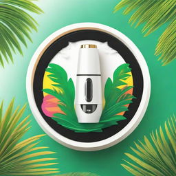 A vibrant, circular logo on a white background, showing a sleek vape device with billowing smoke forming wings, nestled between two lush palm trees.