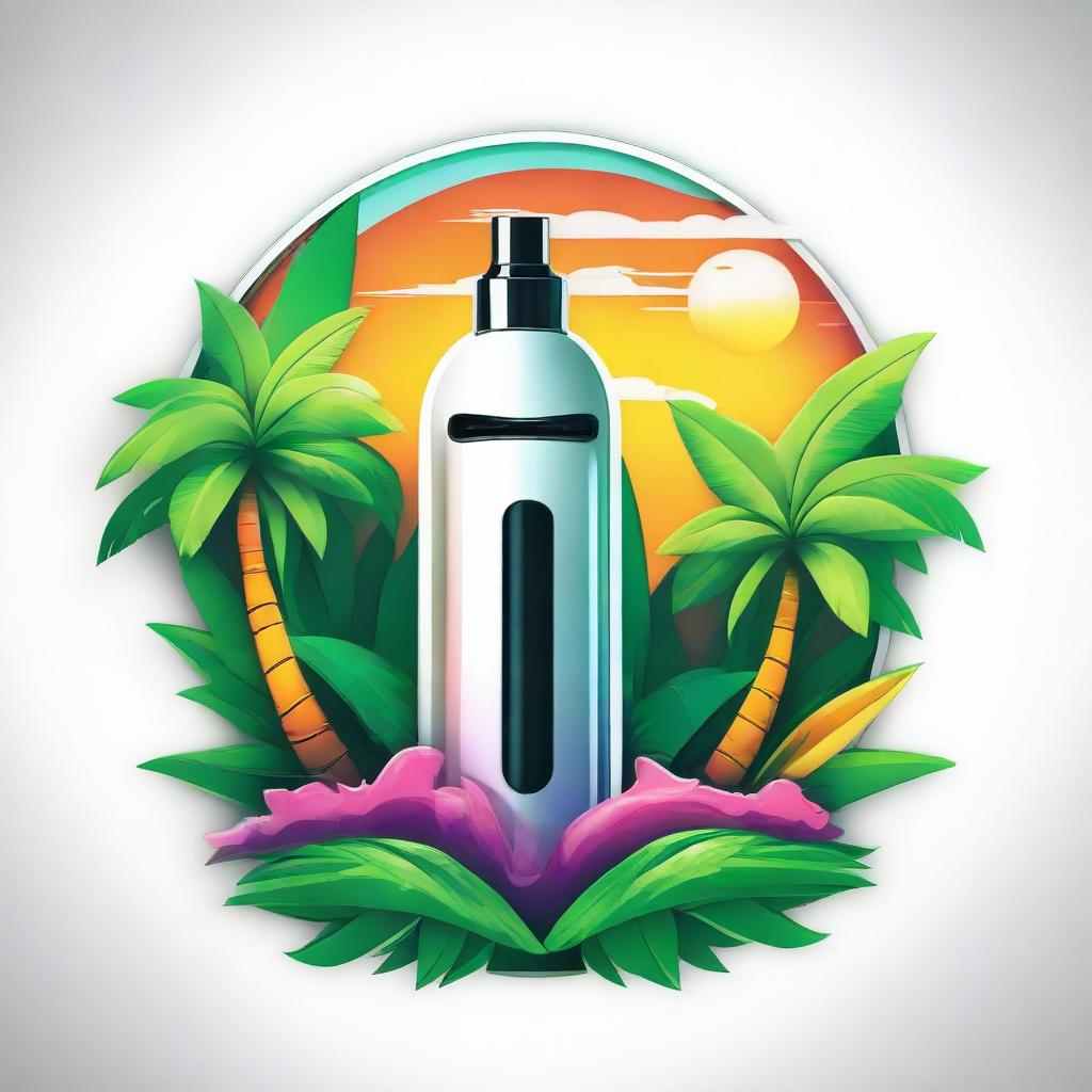 A vibrant, circular logo on a white background, showing a sleek vape device with billowing smoke forming wings, nestled between two lush palm trees.