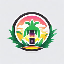 A vibrant, circular logo on a white background, showing a sleek vape device with billowing smoke forming wings, nestled between two lush palm trees.