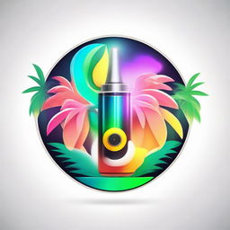 A vibrant, circular logo on a white background, showing a sleek vape device with billowing smoke forming wings, nestled between two lush palm trees.