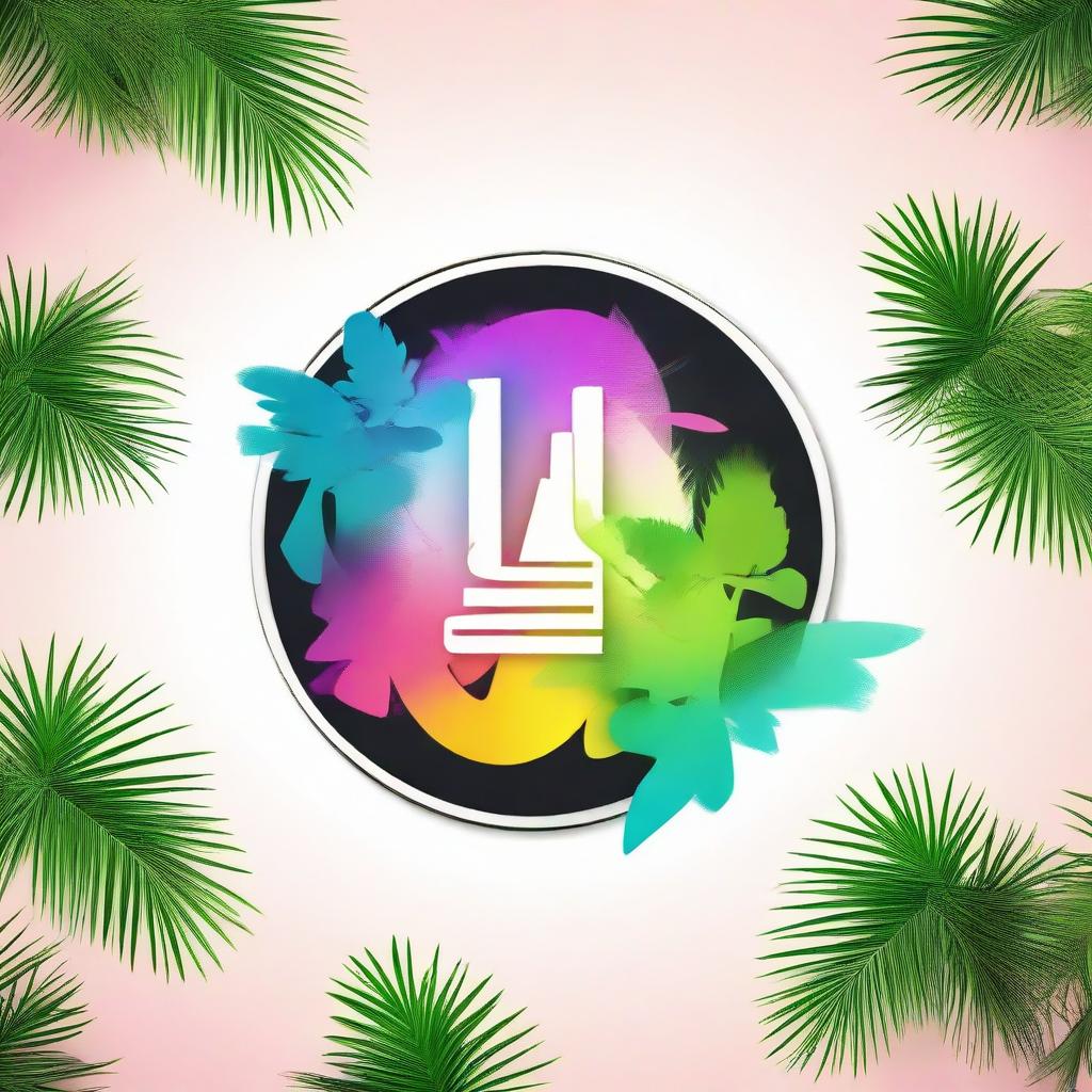 A vibrant, circular logo on a white background, showing a sleek vape device with billowing smoke forming wings, nestled between two lush palm trees.