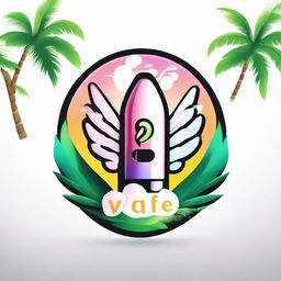 A vibrant, circular logo on a white background, showing a sleek vape device with billowing smoke forming wings, nestled between two lush palm trees.