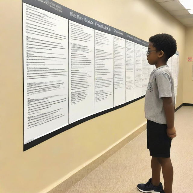 A young boy standing in front of a timeline showing historical events