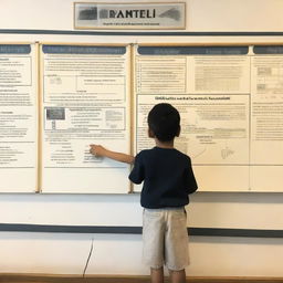 A young boy standing in front of a timeline showing historical events